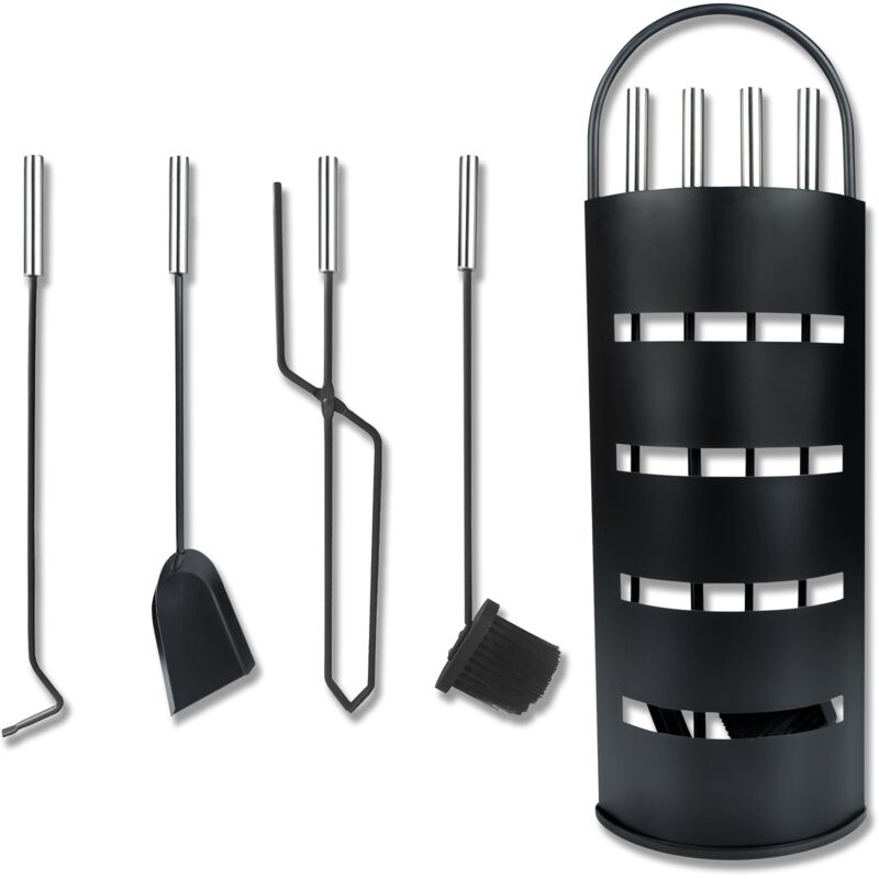 foto del prodotto set attrezzi e ferri per camino set di 5 accessori per camino in acciaio inox, set di posate per camino, con supporto, scopa, pinza, gancio, pala per