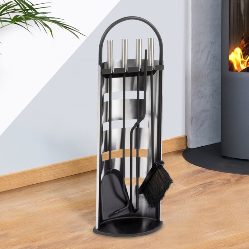 foto del prodotto set attrezzi per camino, set di 5 accessori per camino in acciaio inox e nero