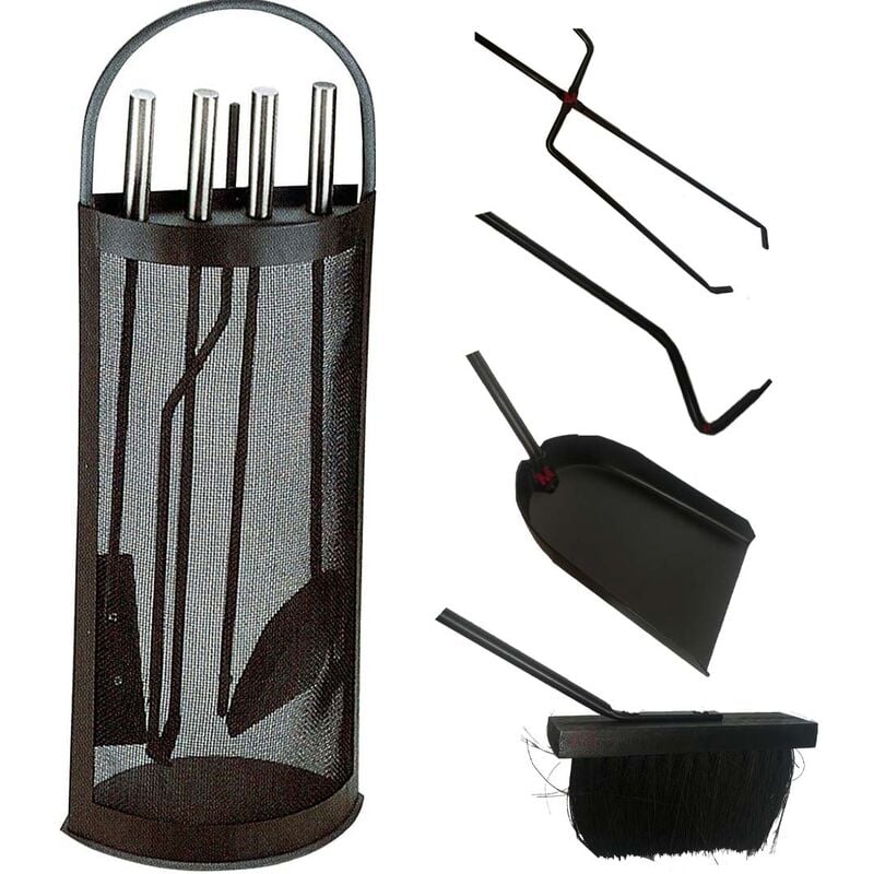 foto del prodotto set attrezzi per camino stufe a legna 4 pz con raccoglitore a semicerchio con rete futura yz0002