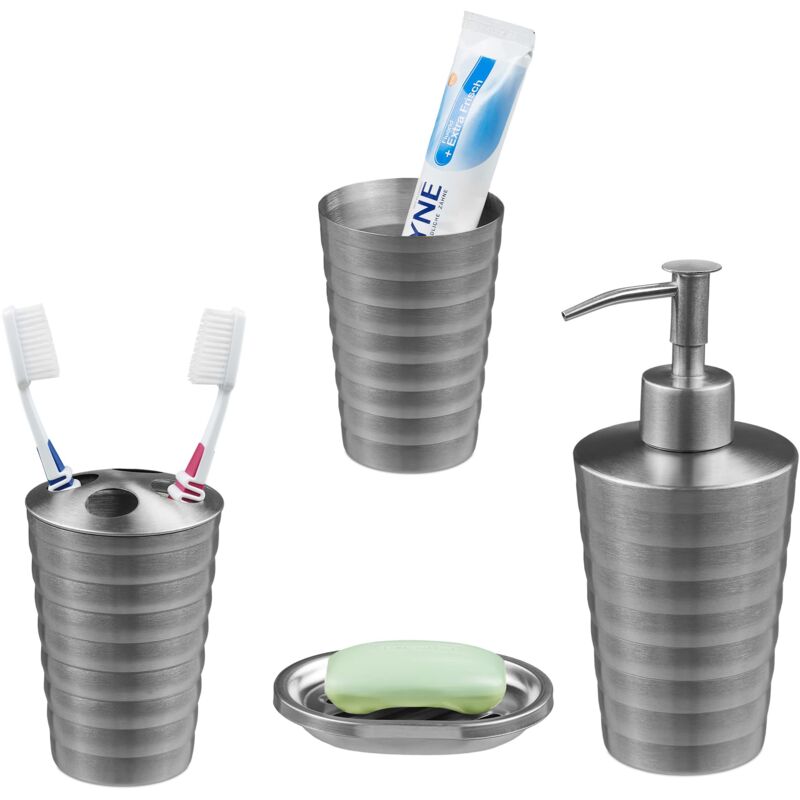 foto del prodotto set bagno 4 accessori in acciaio inox spazzolato, porta spazzolino e dentifricio, sapone e saponetta, argento, 17 x 7 cm relaxdays