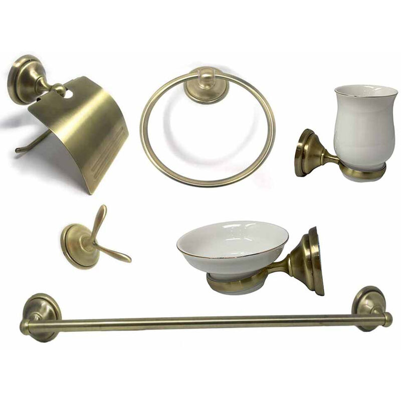 foto del prodotto set bagno classico in oro satinato e vetro 6 pezzi accessori arredo bagno con porta saponetta porta rotolo bicchiere spazzolini e portasciugamano
