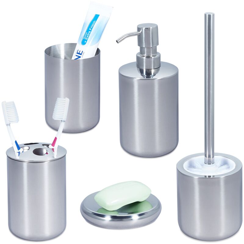 foto del prodotto set bagno completo 5 accessori, acciaio inox lucido, scopino wc, portaspazzolino, saponetta, argento, 1 pz relaxdays