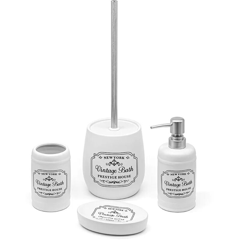 foto del prodotto set bagno completo con 4 pezzi in ceramica bianca con stampe nere vintage