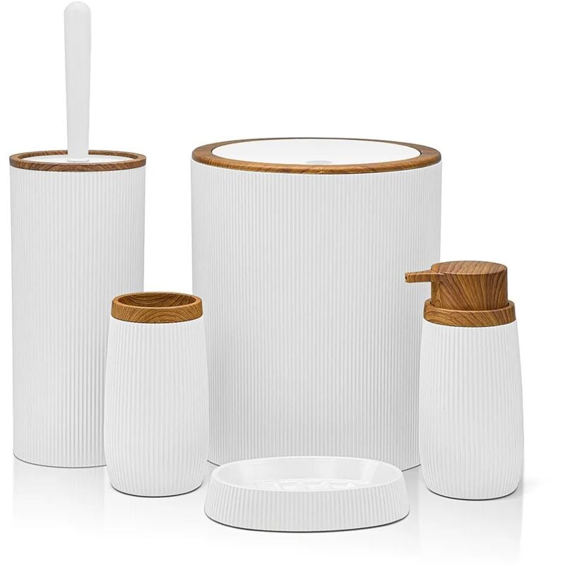 foto del prodotto set bagno da appoggio blob in plastica liscia bianca con dettagli effetto legno