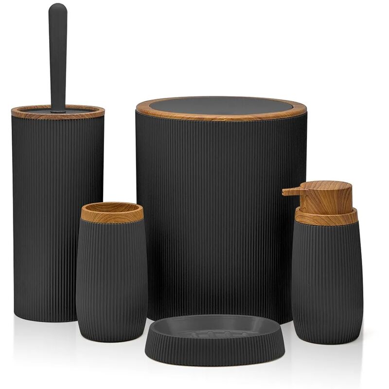 foto del prodotto set bagno da appoggio blob in plastica liscia nera con dettagli effetto legno