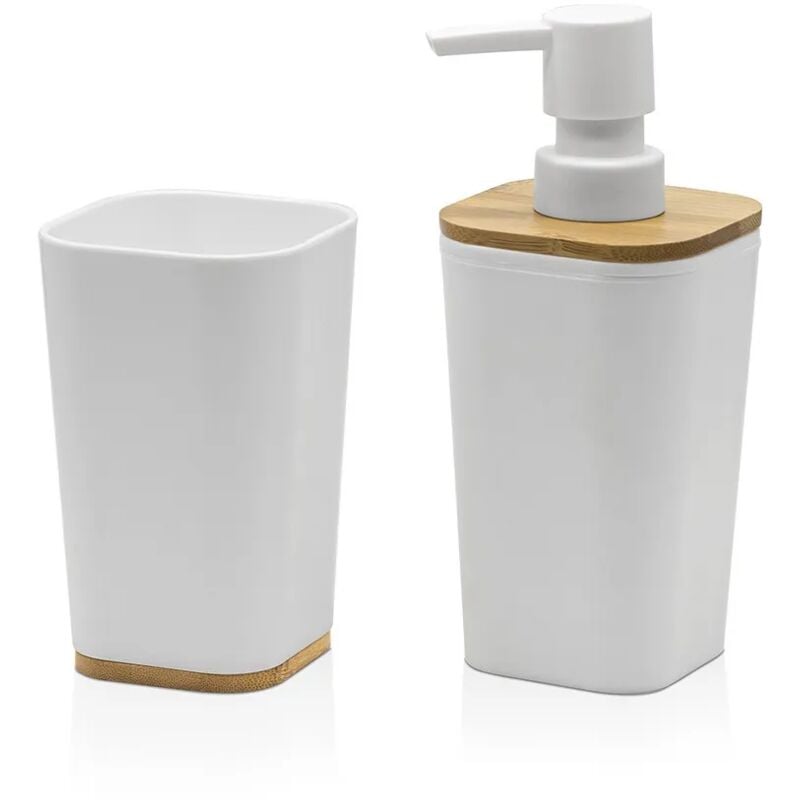 foto del prodotto set bagno dispenser e portaspazzolino bianco opaco con dettagli in bamb 