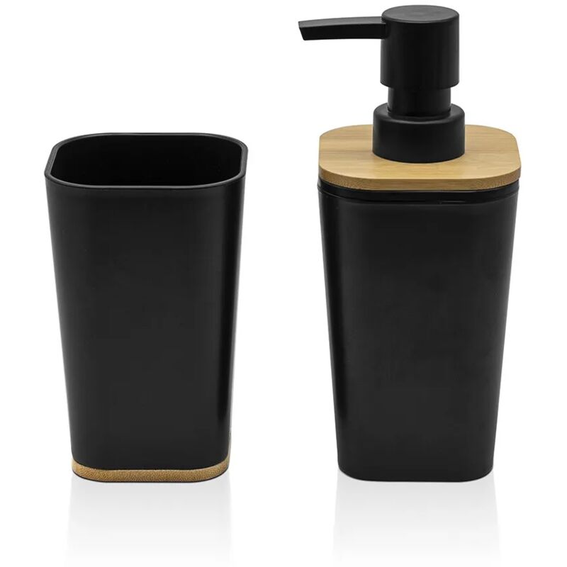 foto del prodotto set bagno dispenser e portaspazzolino nero opaco con dettagli in bamb 