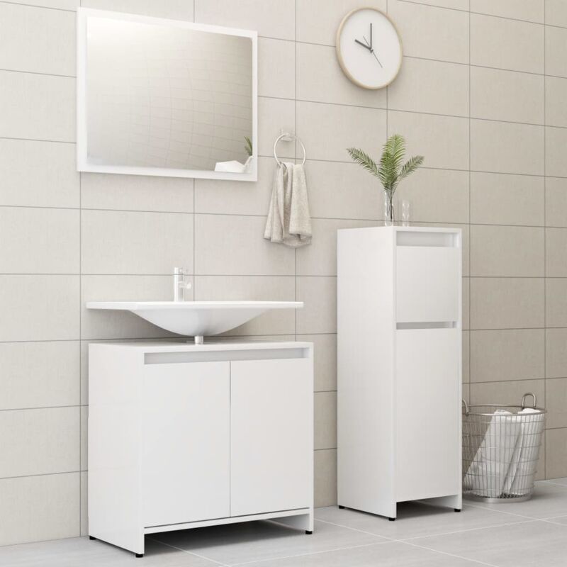 foto del prodotto set bagno dotato di mobile medio sottolavabo e specchio disponibili vari colori colore bianco