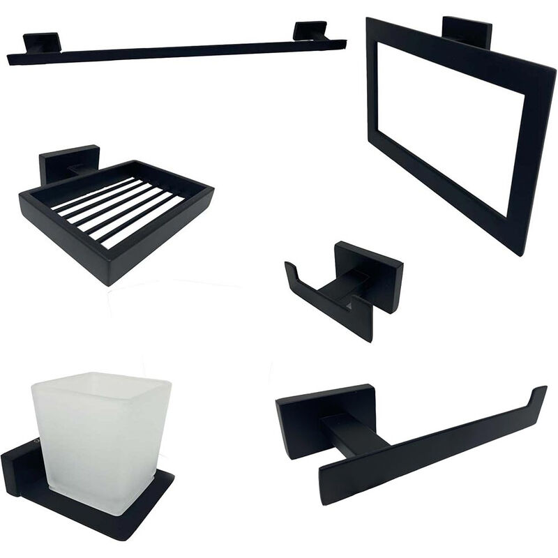 foto del prodotto set bagno moderno rettangolare in acciaio nero vetro satinato 6 pezzi accessori bagno portasaponetta portarotolo spazzolini asciugamano