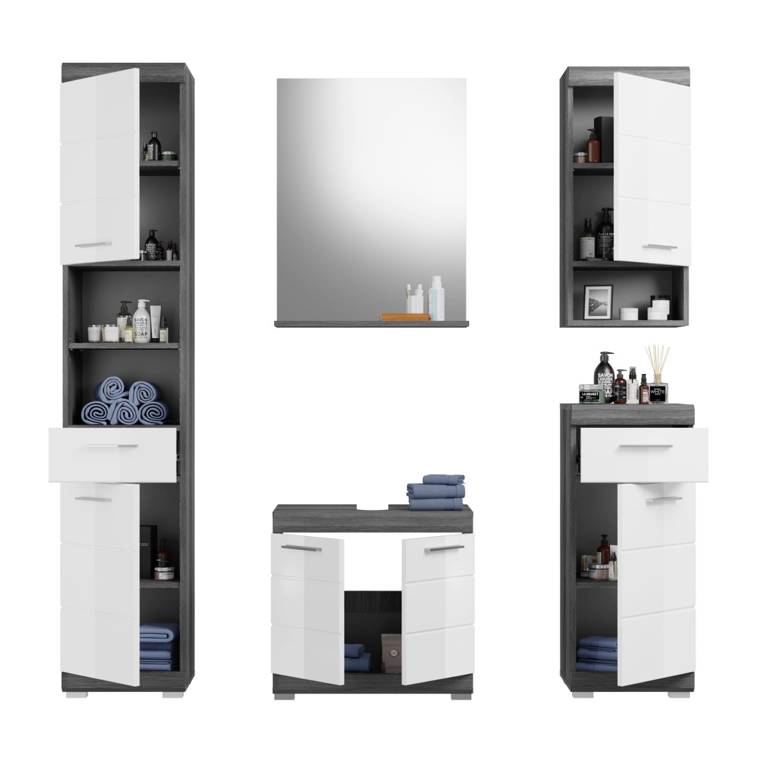 foto del prodotto set bagno scott mobile sotto lavabo, specchio, colonna e 2 mezze colonne grigio scuro e bianco