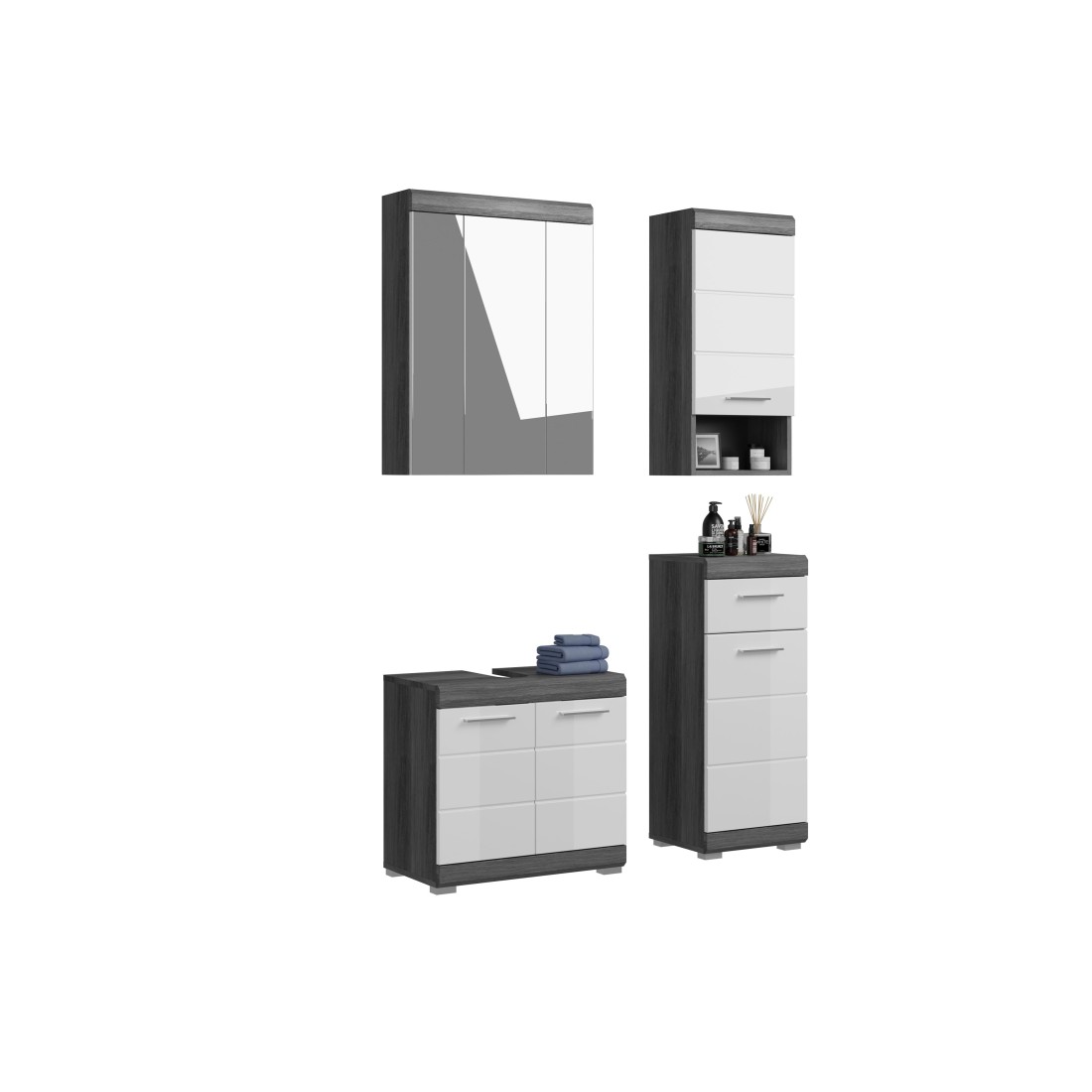 foto del prodotto set bagno scott mobile sottolavabo, mobile contenitore con specchio e 2 mezze colonne grigio scuro e bianco