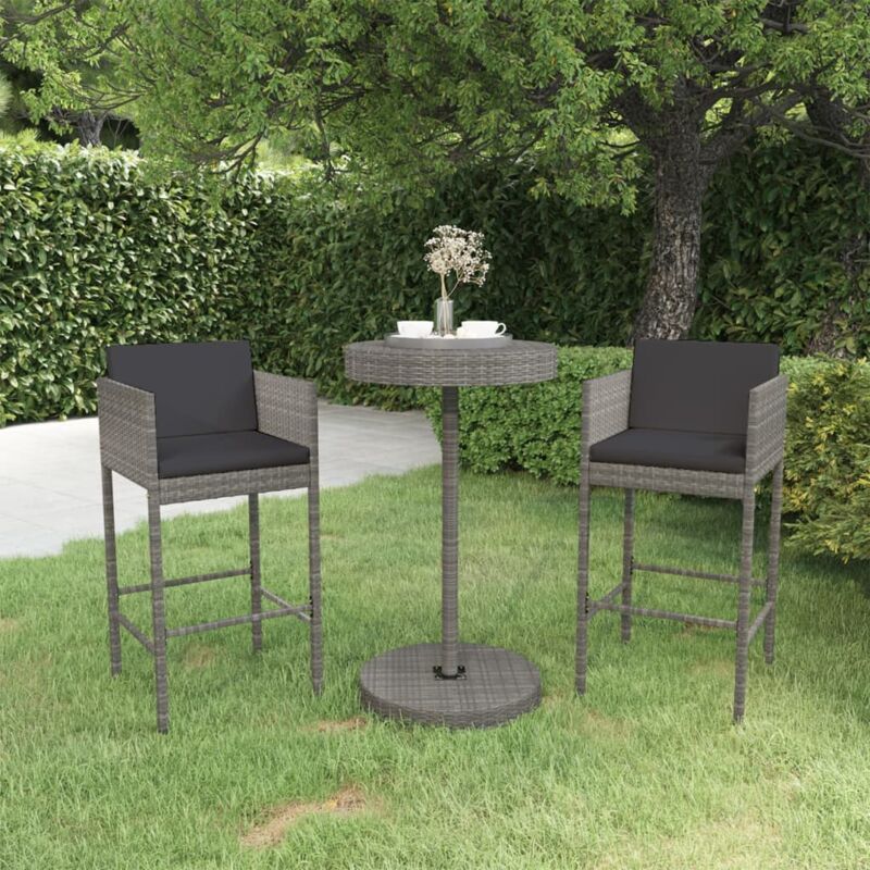 foto del prodotto set bar da giardino 3 pz con cuscini in polyrattan grigio