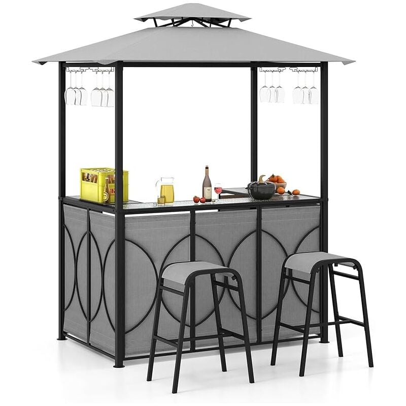 foto del prodotto set bar da patio a 3 pezzi, gazebo per griglia e 2 sgabelli da bar con tavolo in vetro temperato, ripiani in metallo, portabicchieri, per giardino