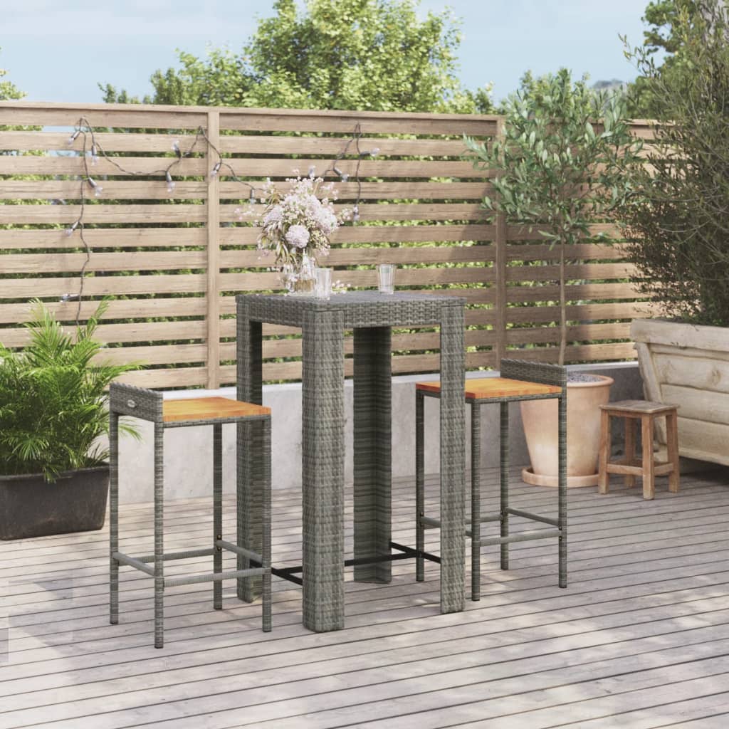 foto del prodotto set bar giardino 3pz grigio polyrattan e legno massello acacia