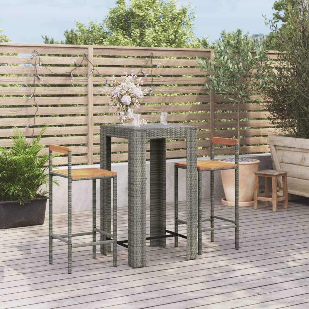 foto del prodotto set bar giardino 3pz grigio polyrattan e legno massello acacia
