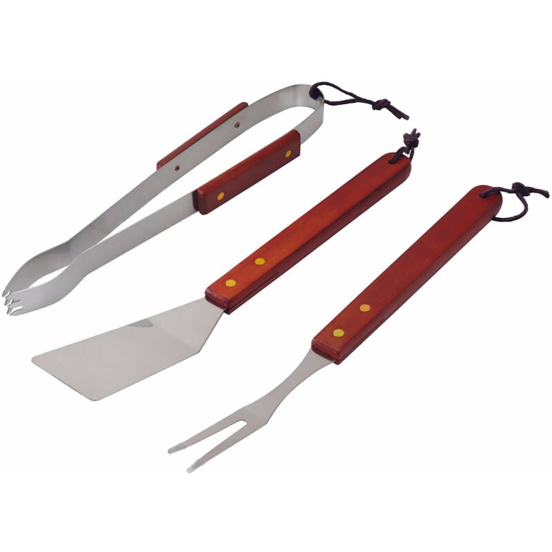 foto del prodotto set barbecue 3 pezzi pinza forchettone e spatola in acciaio inox manico in legno