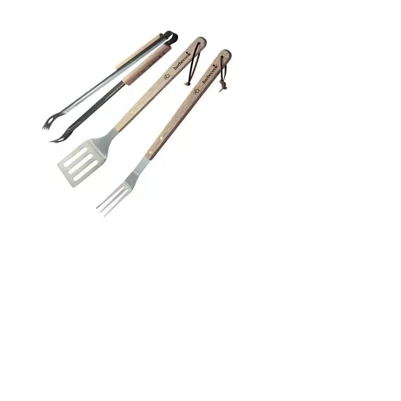 foto del prodotto set barbecue 3 pezzi spatola, pinza e forchetta in acciaio inox con manico in legno barbecook