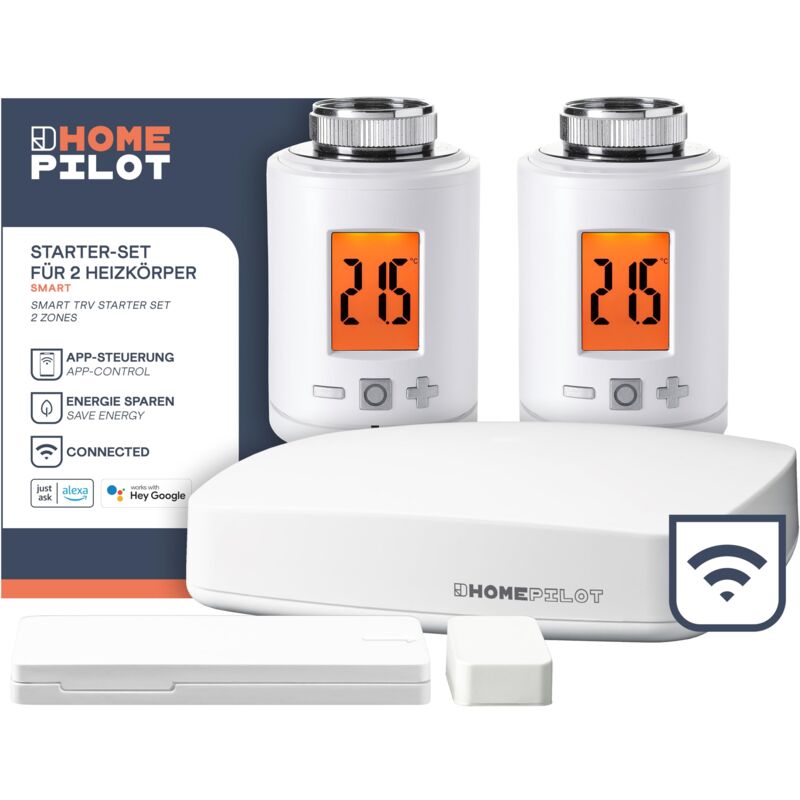 foto del prodotto set base per 2 termosifoni smart set completo per una facile installazione contenuto 1 x gateway premium, 2 x termostato smart per termosifoni, 1 x