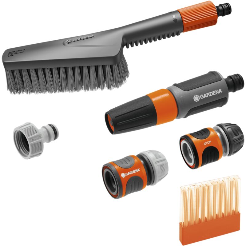 foto del prodotto set base s soft cleansystem, con spazzola per superfici delicate, bastoncini shampoo e raccordi, flusso regolabile 18862 20 gardena
