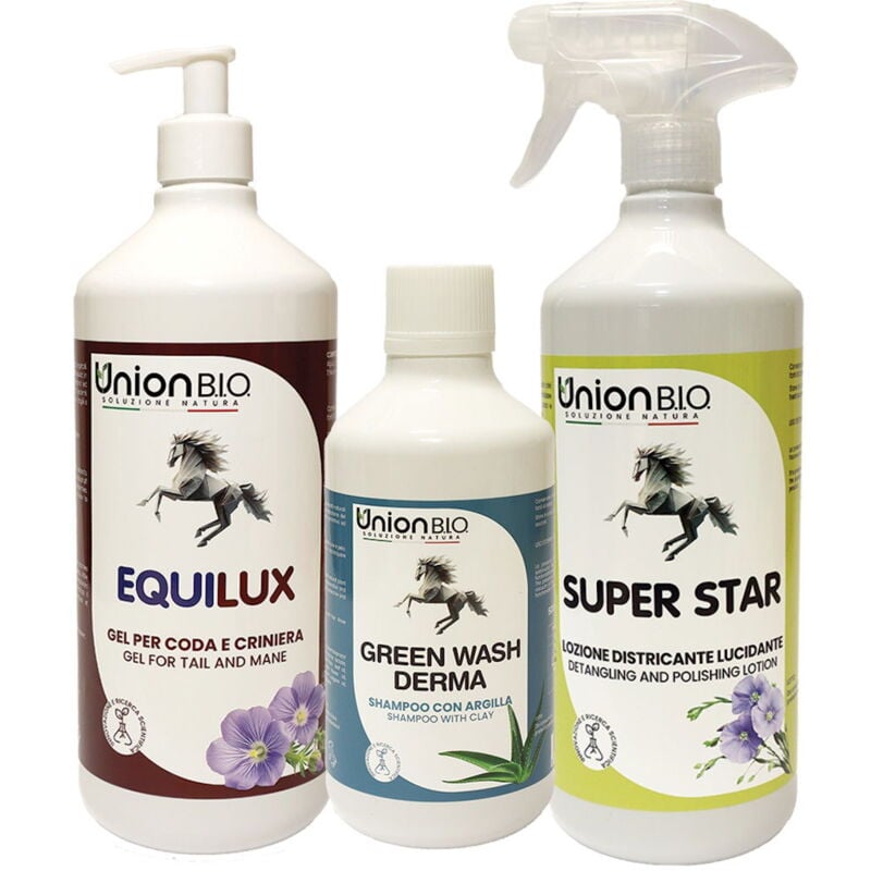 foto del prodotto set bellezza naturale dei cavalli 1 shampoo 500ml, 1 lucidante e districante 1l, 1 ristrutturante per coda e criniera sfibrata 1l