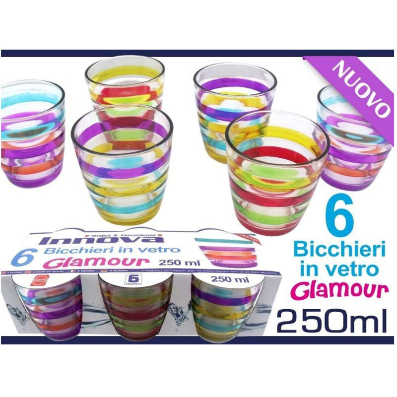 foto del prodotto set bicchieri in vetro con righe colorate glamour 6 pezzi da 250 ml colorati trade shop traesio