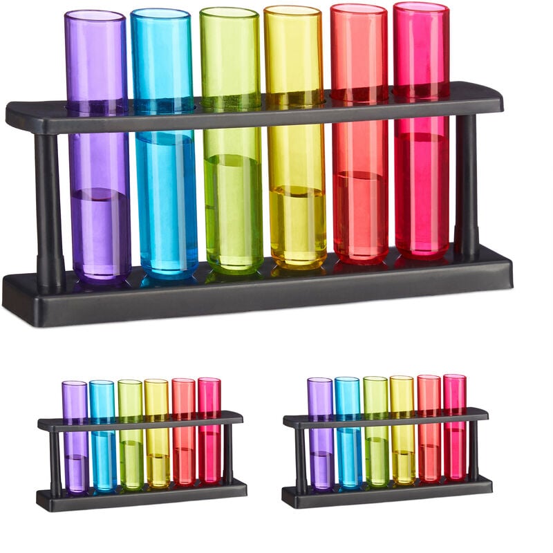 foto del prodotto set bicchieri shot, 18 bicchierini a forma di provetta per shottini, con 3 supporti, 40 ml, plastica, colorati relaxdays