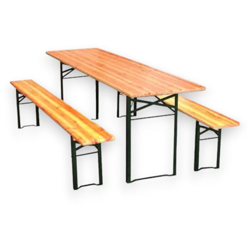 foto del prodotto set birreria tavolo con 2 gambe e panche in legno e acciaio per feste e campeggio 200x50xh77 cm