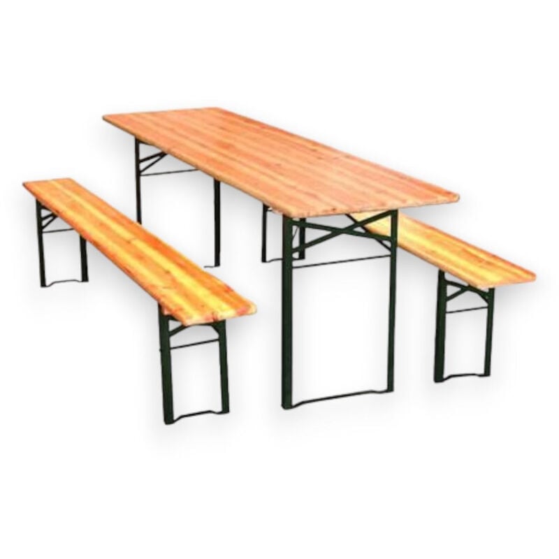 foto del prodotto set birreria tavolo con 2 gambe e panche in legno e acciaio per feste e campeggio 200x60xh77 cm