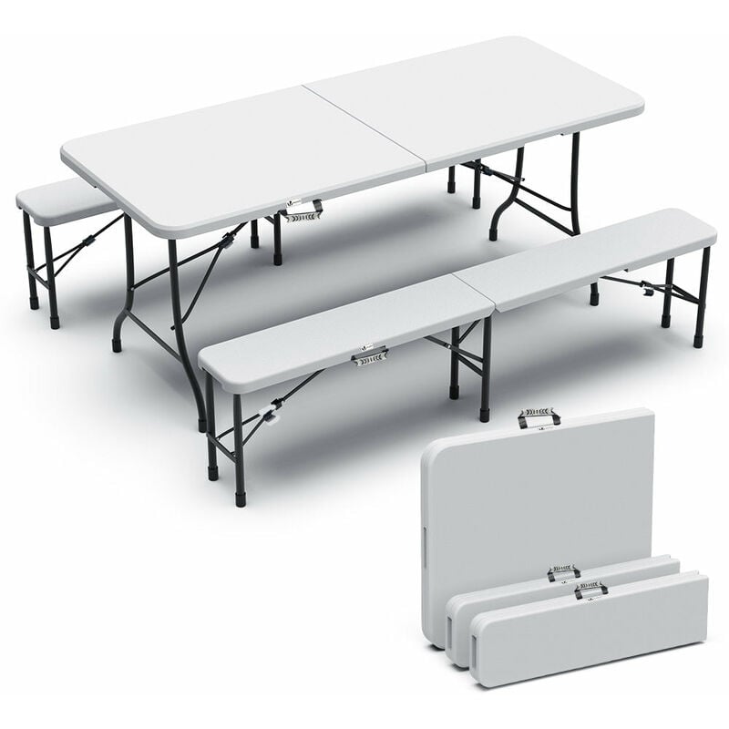 foto del prodotto set birreria tavolo e 2 panche pieghevoli 180 cm, per campeggio picnic esterno, bianco vounot