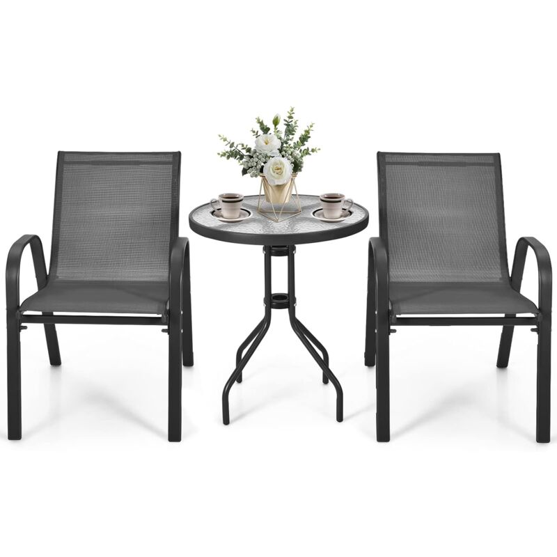 foto del prodotto set bistro da esterno 3 pezzi, 2 poltrone e 1 tavolino in vetro temprato, telaio in acciaio, per giardino, cortile, balcone, grigio goplus