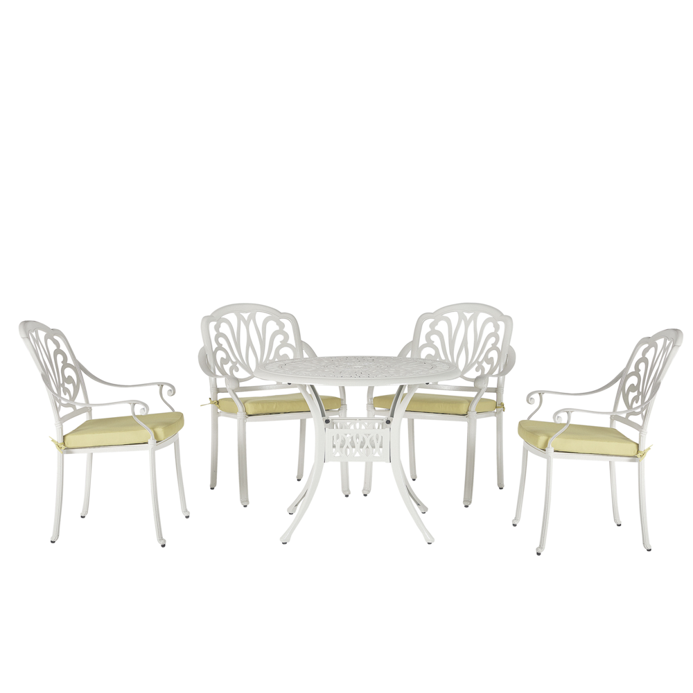 foto del prodotto set bistro da giardino a 4 posti in alluminio bianco sporco con cuscini
