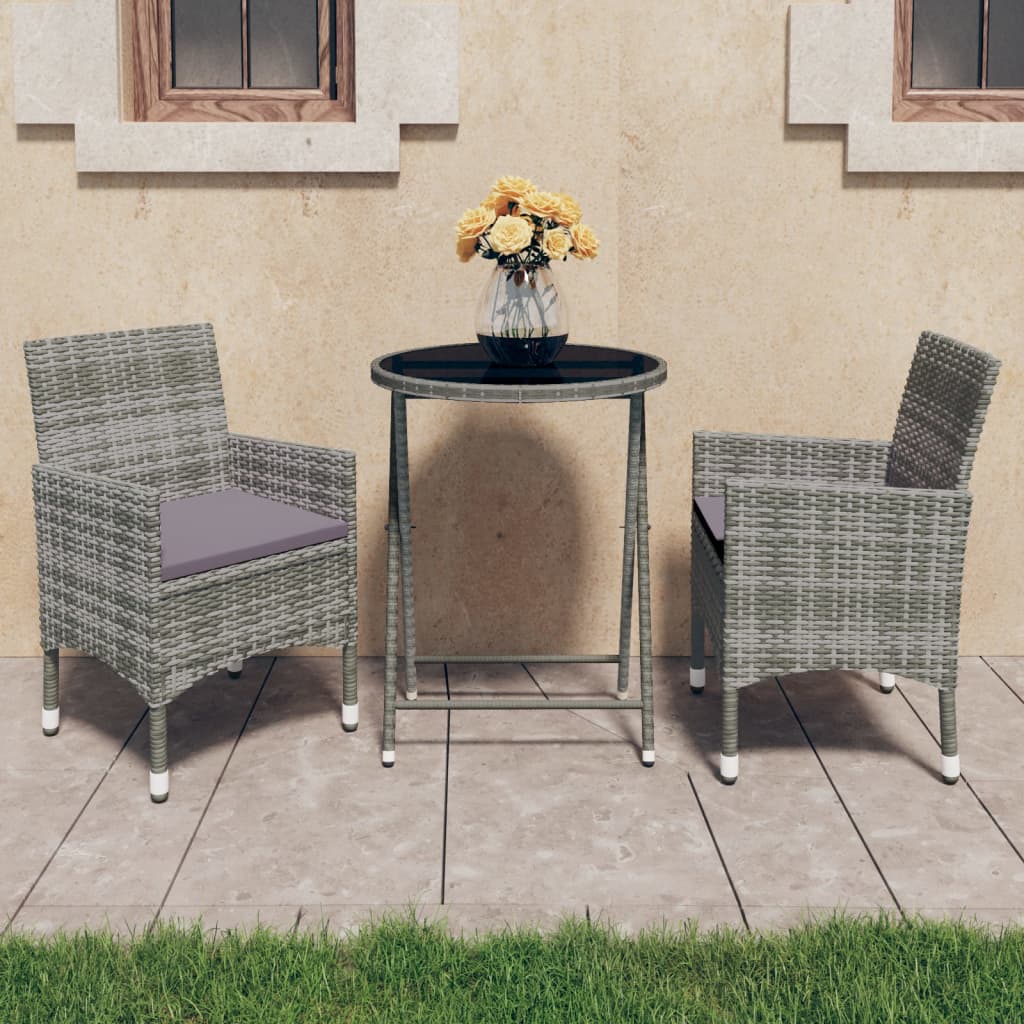 foto del prodotto set bistrot giardino 3 pz polyrattan e vetro temperato grigio cod mxl 37923