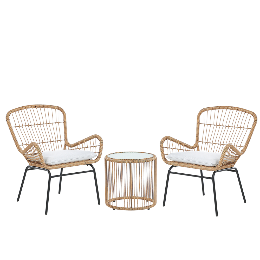 foto del prodotto set bistrot marrone finto rattan gambe in acciaio nero 2 sedie con cuscini grigi piano tavolo in vetro moderno set da esterno a 2 posti