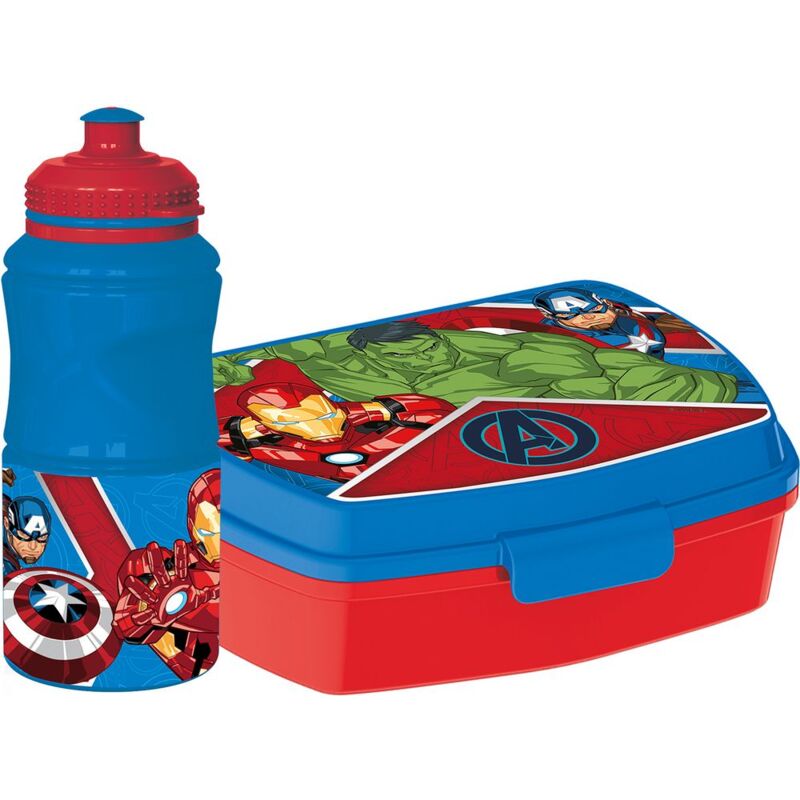 foto del prodotto set borraccia da 380 ml e sandwich box blu per bambini in plastica avengers con banda antiscivolo e chiusura di sicurezza marvel