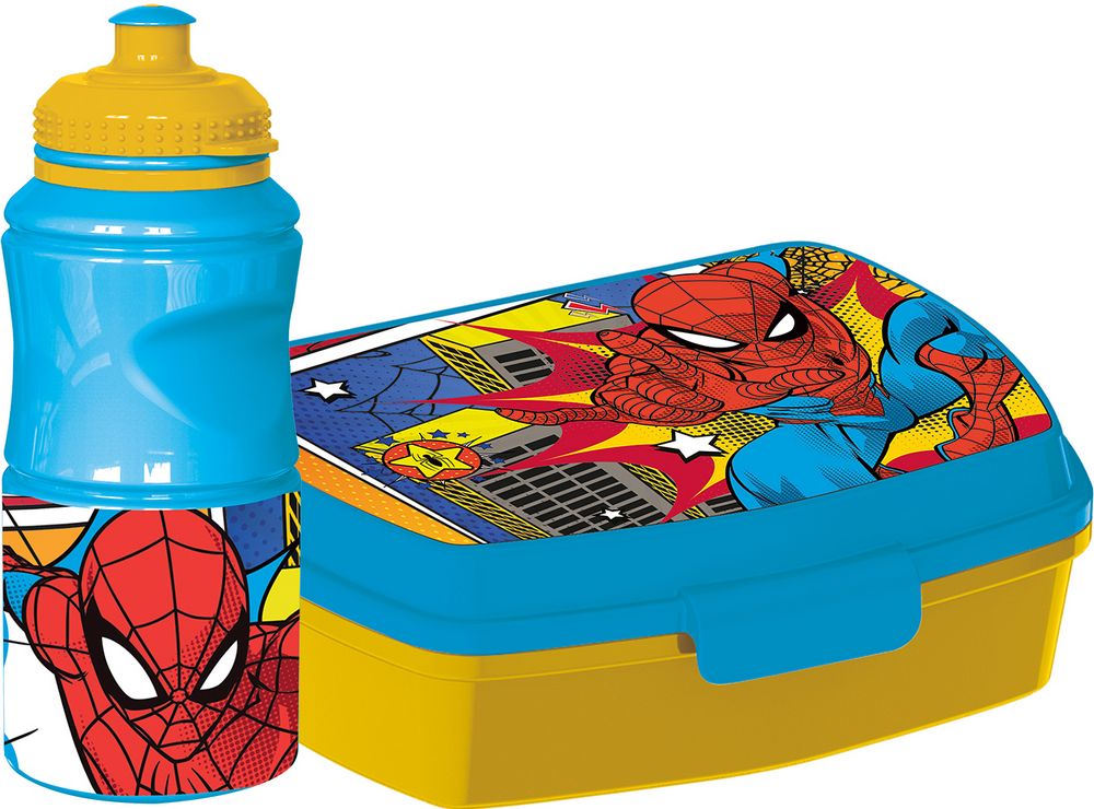 foto del prodotto set borraccia da 380 ml e sandwich box per bambini in plastica spiderman