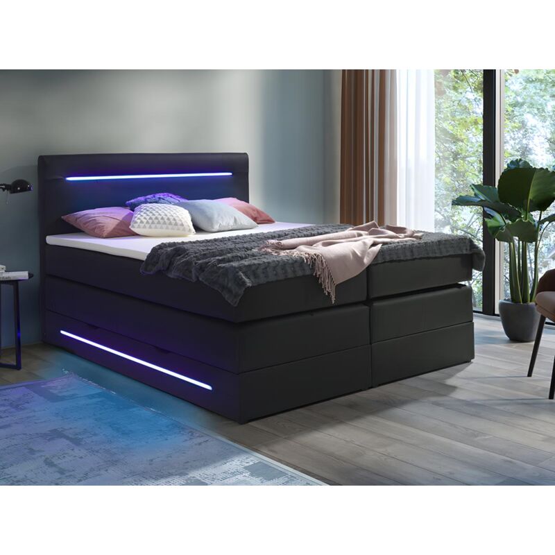 foto del prodotto set boxspring testata led base letto contenitore materasso topper 160x200cm similpelle nero keros di dreamea