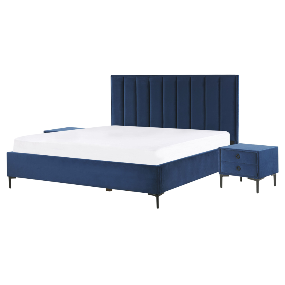foto del prodotto set camera da letto blue velluto king size letto con 2 comodini imbottiti