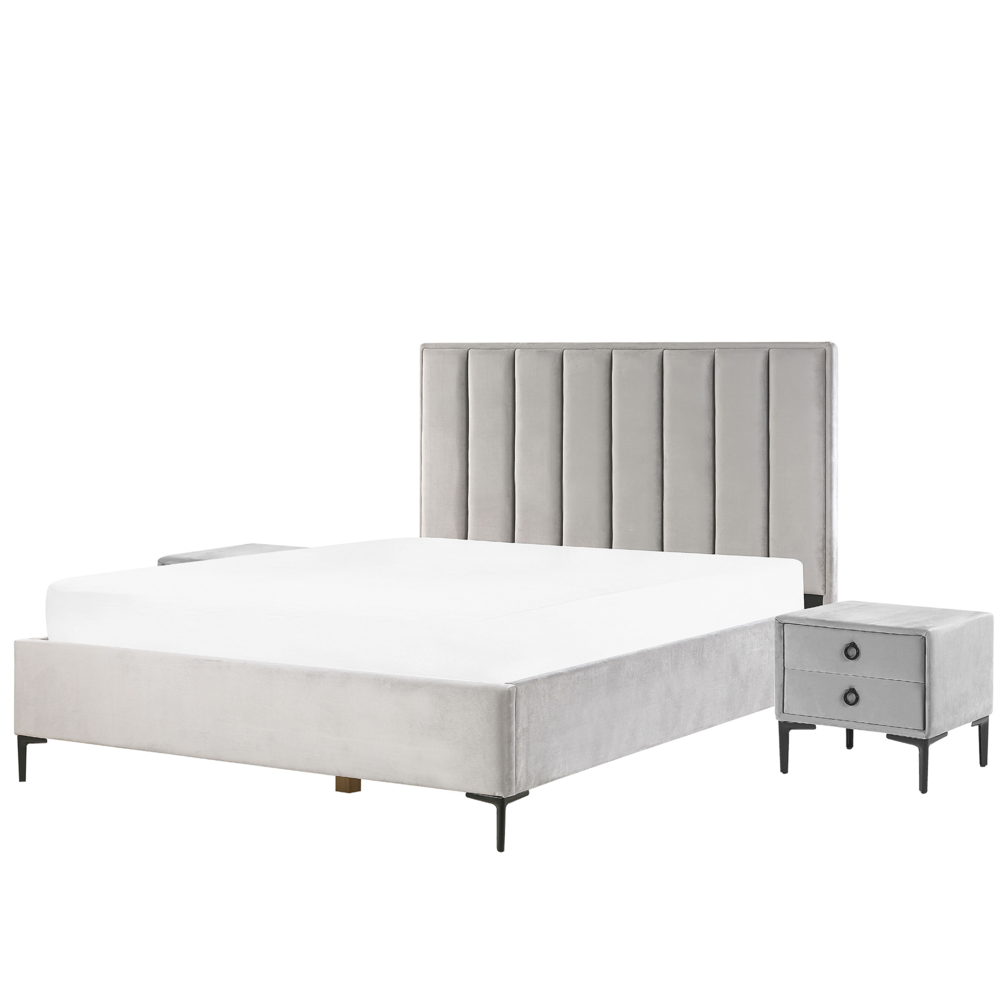 foto del prodotto set camera da letto in velluto grigio king size letto con contenitore 2 comodini imbottiti