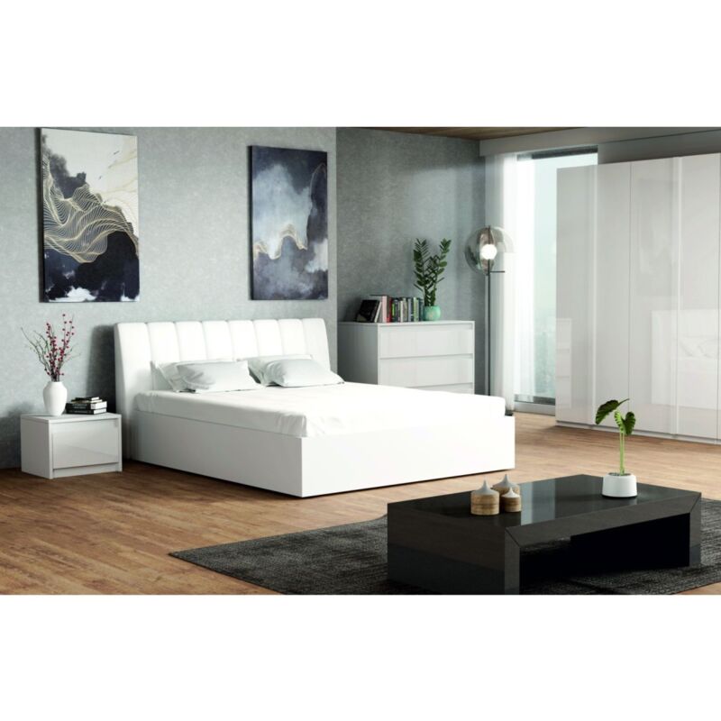 foto del prodotto set camera da letto verona letto 180 cm, cassettiera 3 cassetti, comodini, armadio 4 ante, bianco lucido