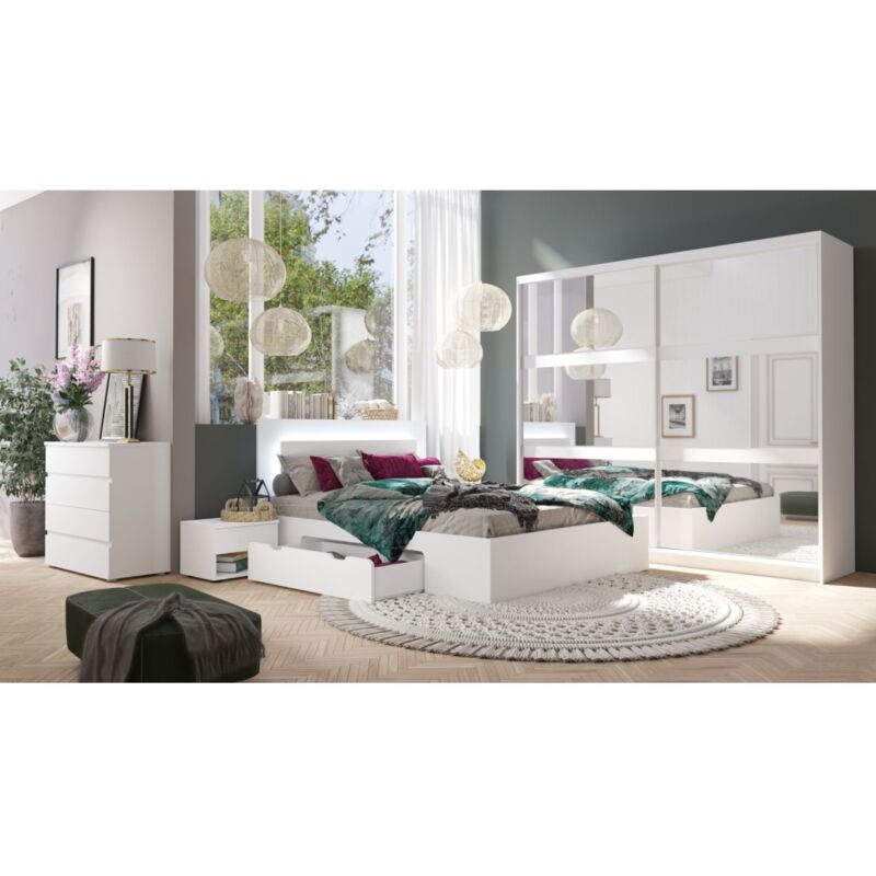 foto del prodotto set camera nofi letto 160x200 cm con doghe, 2 cassetti, comodini, armadio e cassettiera bianco