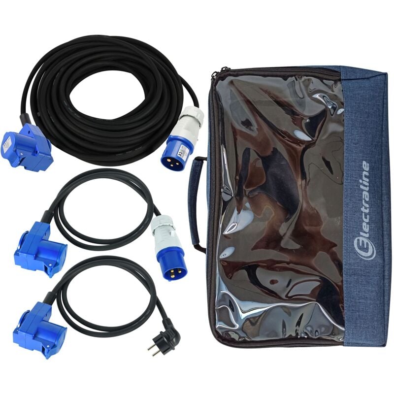 foto del prodotto set campeggio ip44, prolunga industriale in gomma 10 m e adattatore 1,5 m doppia presa schuko e cee, spina cee , cordone 1,5 m doppia presa schuko