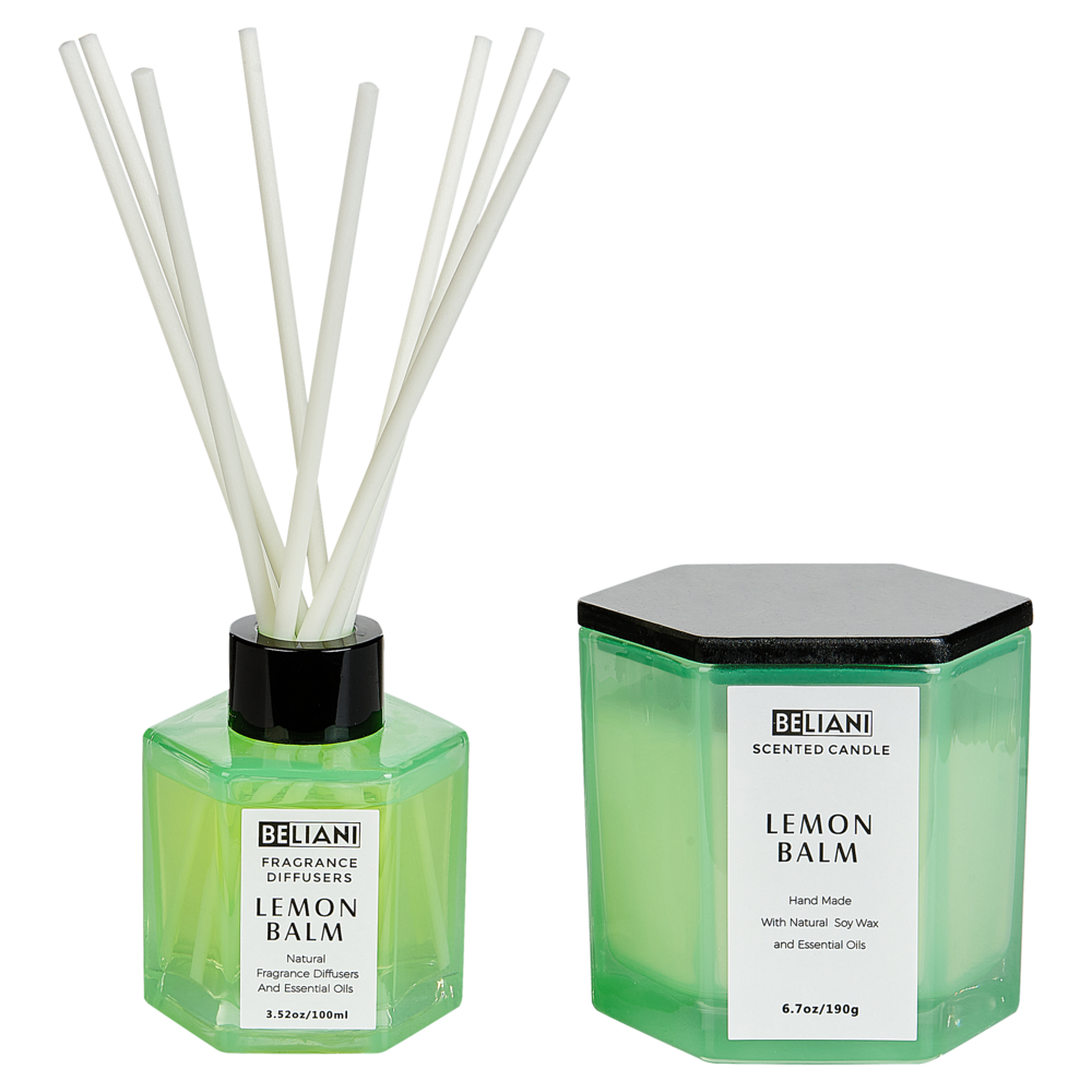 foto del prodotto set candela profumata in cera di soia 100 e diffusore con bastoncini, stoppino di cotone, vetro profumo fresco melissa