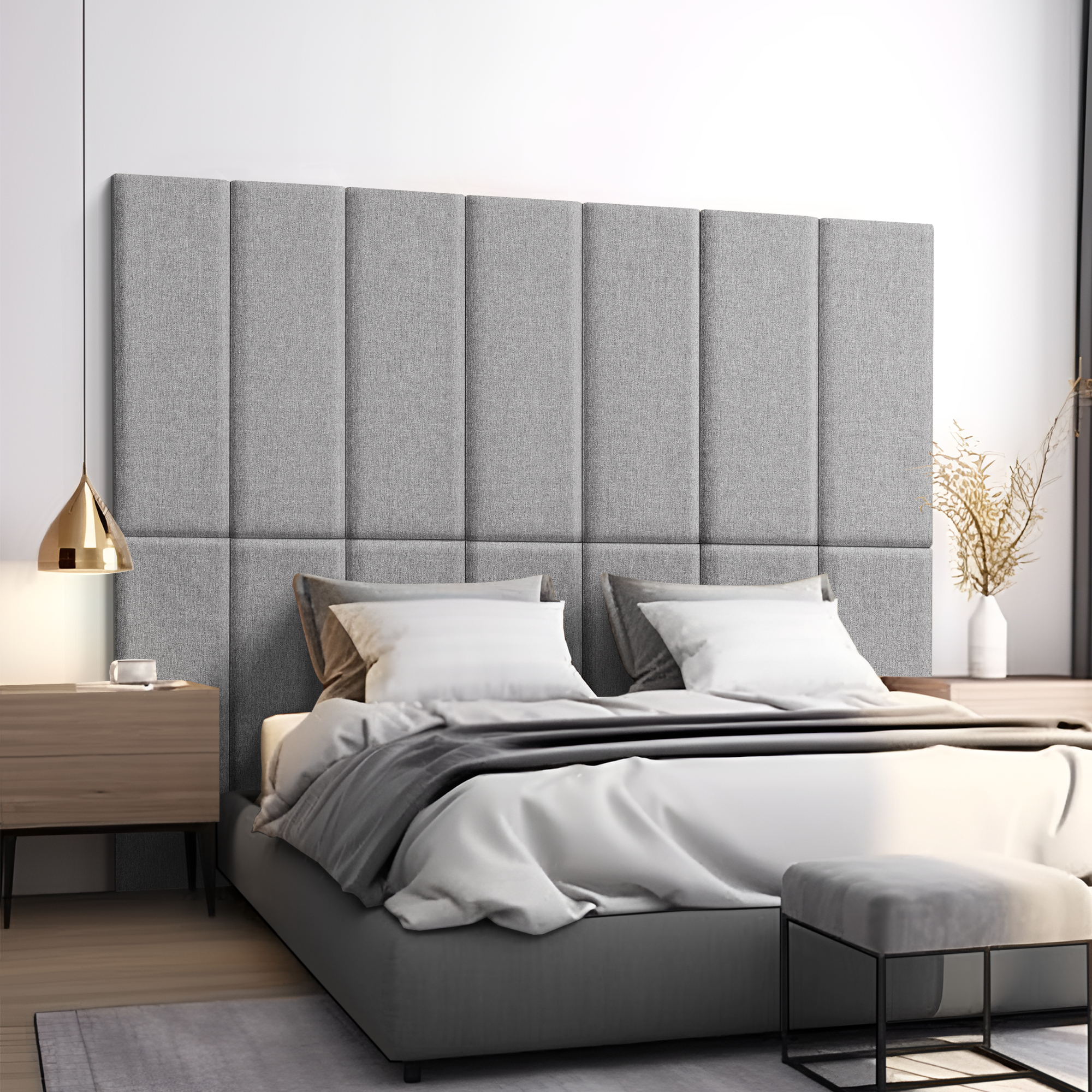 foto del prodotto set carpino di 2 pannelli murali imbottiti rivestiti in tessuto grigio chiaro 90x30 cm neu.haus 