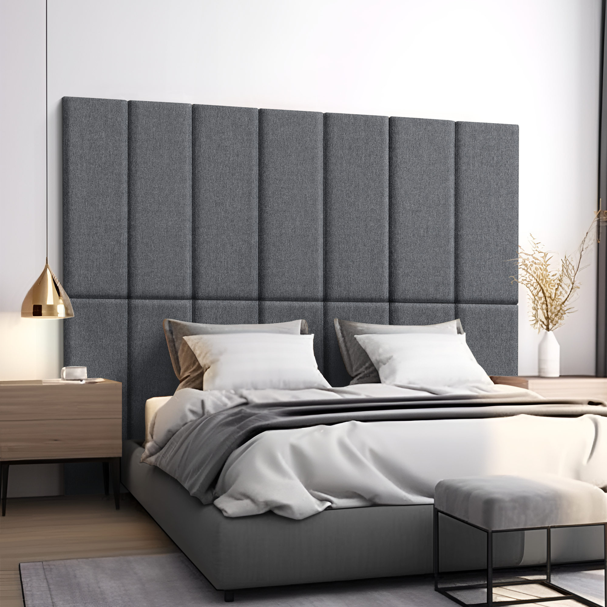 foto del prodotto set carpino di 2 pannelli murali imbottiti rivestiti in tessuto grigio scuro 90x30 cm neu.haus 