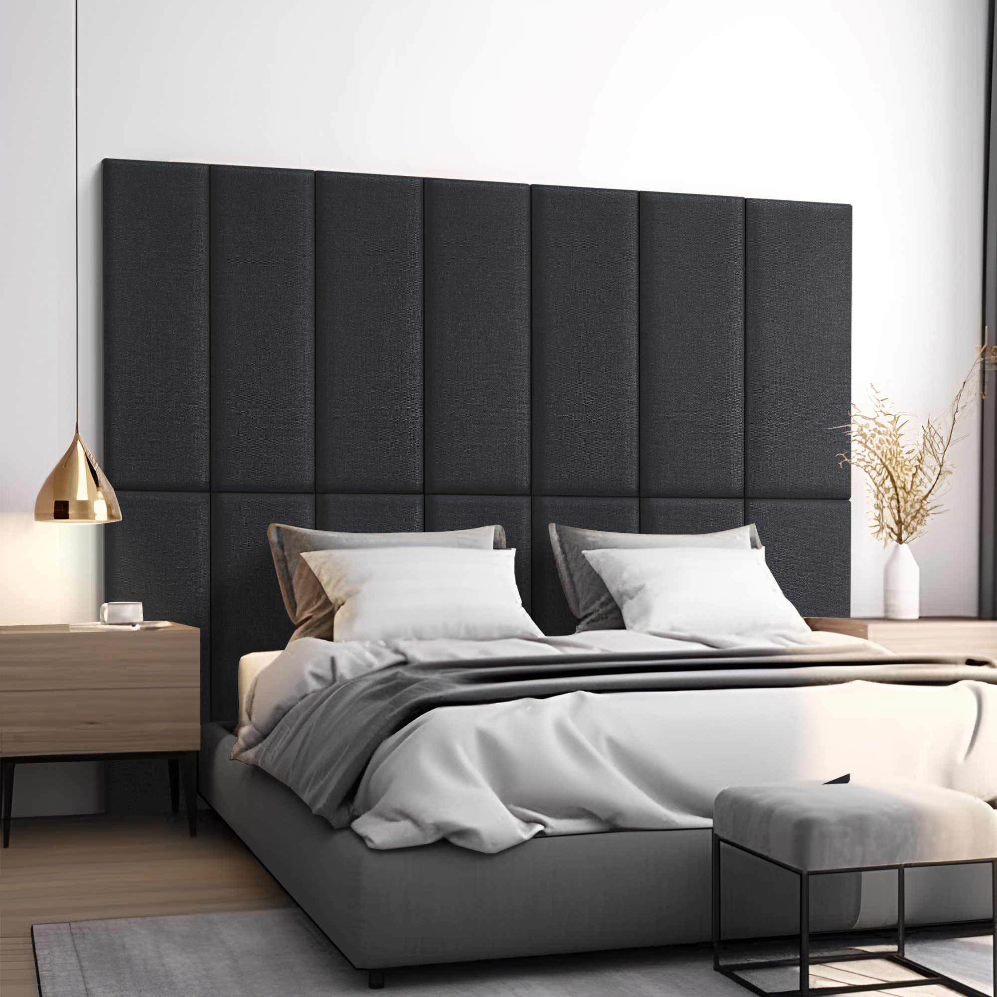 foto del prodotto set carpino di 2 pannelli murali imbottiti rivestiti in tessuto nero 90x30 cm neu.haus 