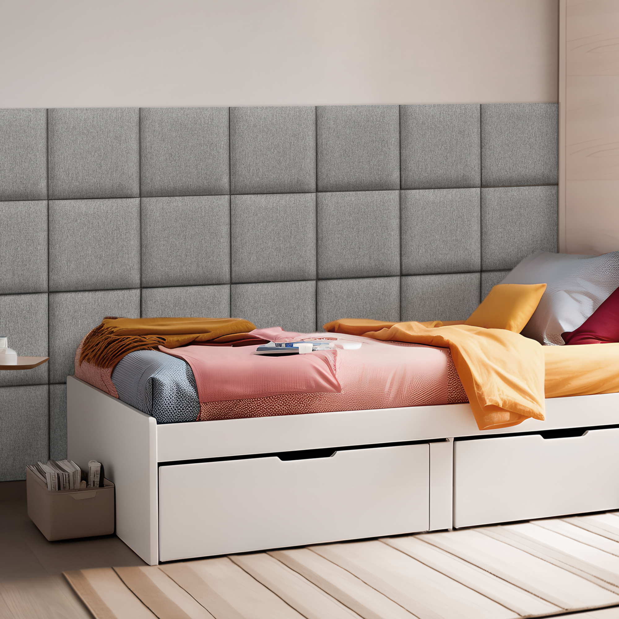 foto del prodotto set carpino di 4 pannelli murali imbottiti rivestiti in tessuto grigio chiaro 30x30 cm neu.haus 