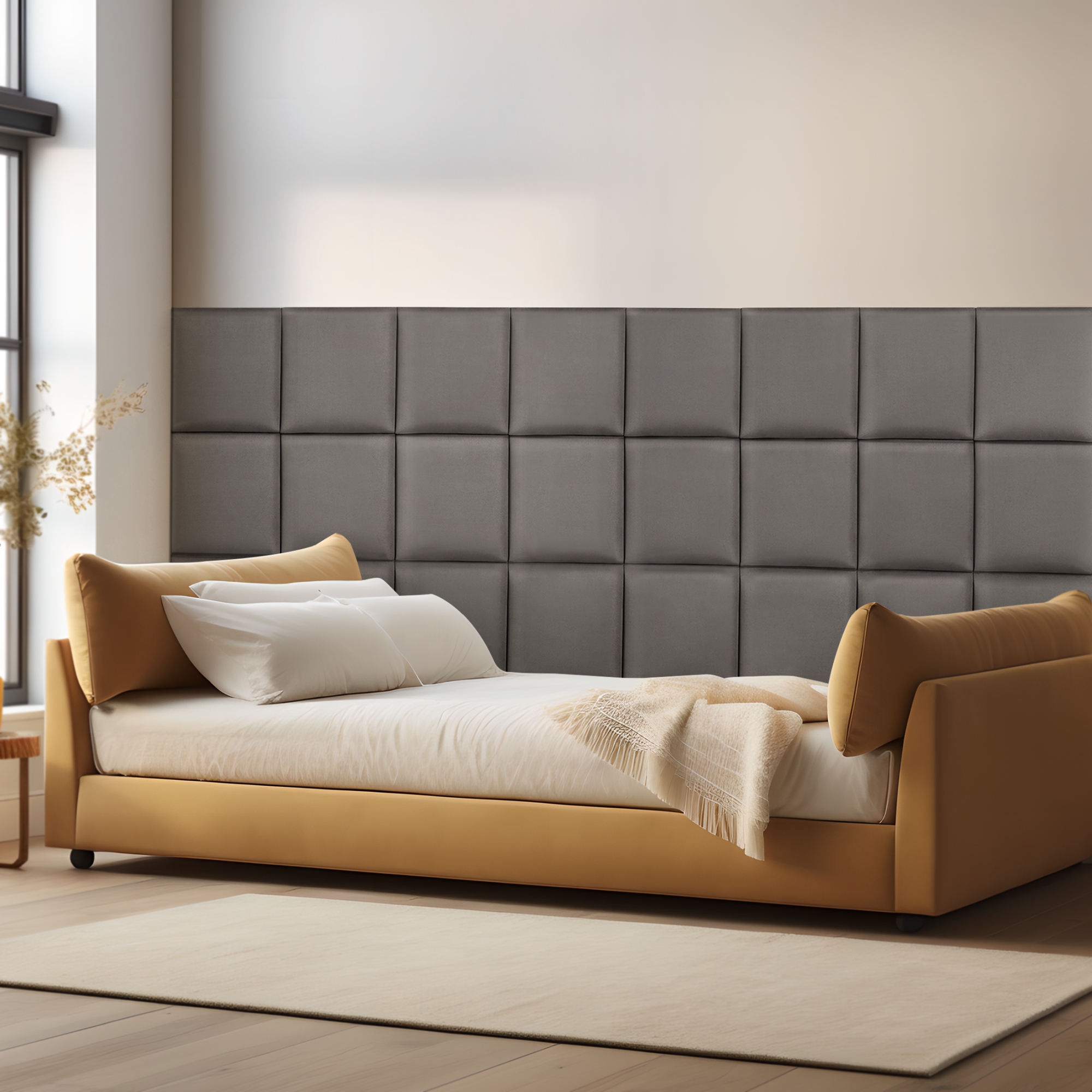 foto del prodotto set carpino di 4 pannelli murali imbottiti rivestiti in tessuto velluto grigio scuro 30x30 cm neu.haus 