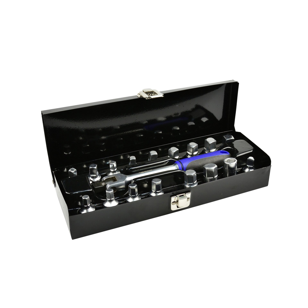 foto del prodotto set chiavi a bussola 18pz per tappi scarico coppa olio attacco 3 8 snodo geko g02711