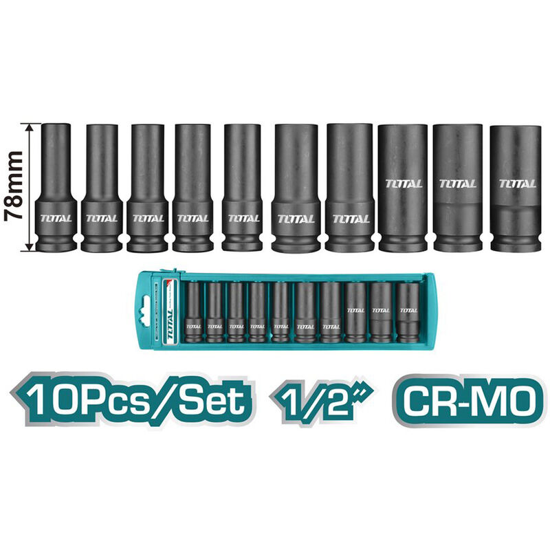 foto del prodotto set chiavi a bussola impatto 1 2 78mm 10 24mm esagonali lunghe total