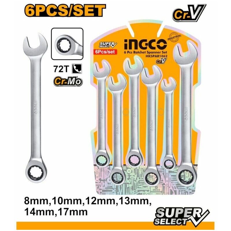 immagine 0 del prodotto set chiavi combinate a cricchetto cr v. ingco 6 pezzi 8, 10, 12, 13, 14, 17 mm